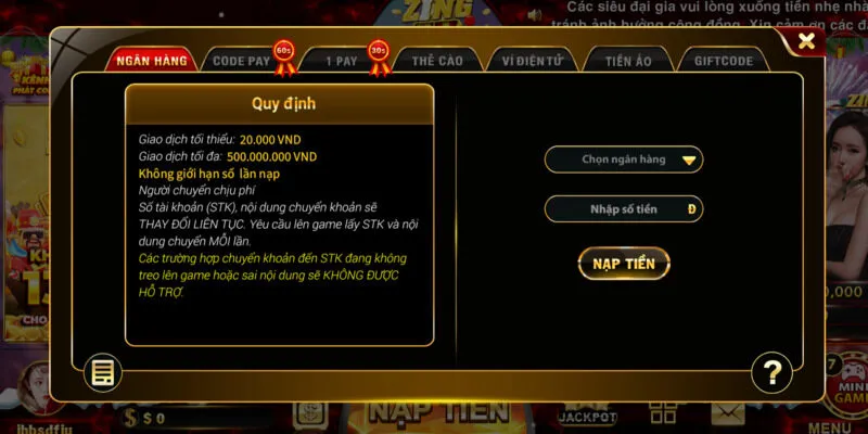 Nạp tiền tại cổng game Zing88 với đa dạng hình thức giao dịch 