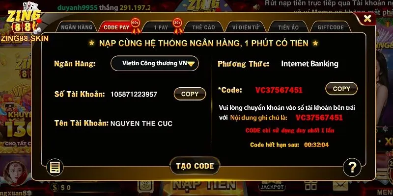 Nạp tiền vào tài khoản Zing88 bằng Codepay