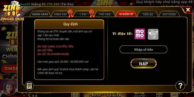 Nạp tiền vào tài khoản Zing88 qua ví điện tử