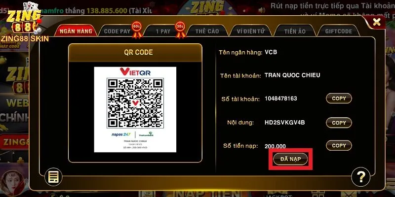 Phương thức gửi tiền Zing88 qua ngân hàng