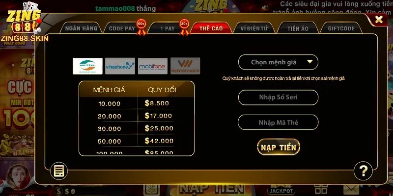 Sử dụng thẻ cào để nạp tiền